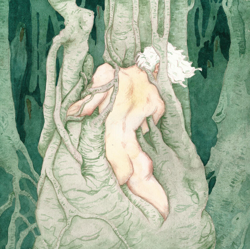 heather a laurence watercolor painting of trees consuming a white man